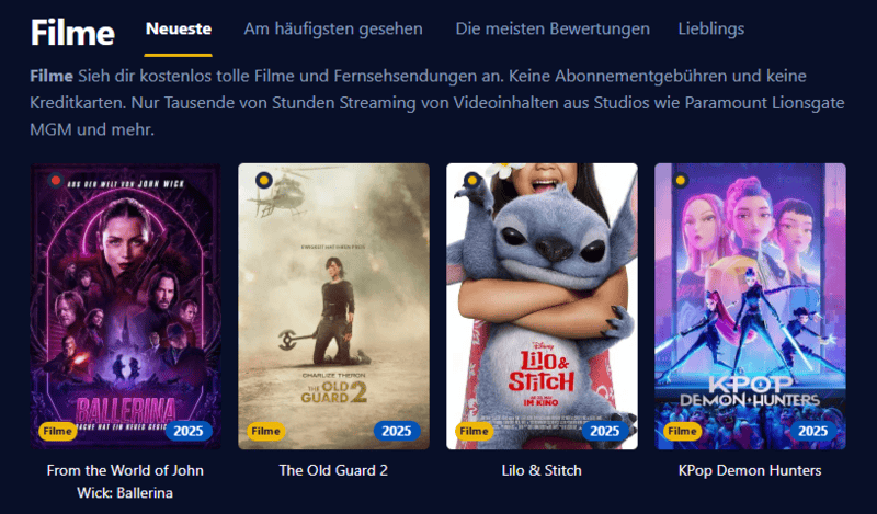 Ansicht der Oberfläche von Einschalten die eine neuzeitliche Streaming Plattform mit Filmen und Serien darstellt